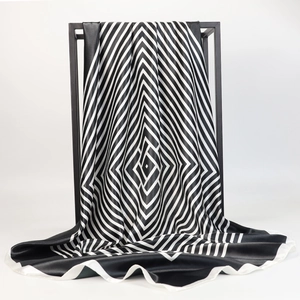 90x90cm black and white geometric striped silk scarf with elegant satin sheen finish