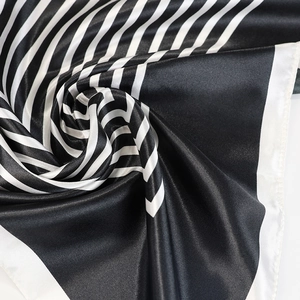 Classic 90x90cm black and white striped silk square scarf with elegant glossy finish