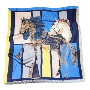 90x90cm Seidenschal mit blau-orangefarbigem Pferdedruck und geometrischen Mustern für Damen
