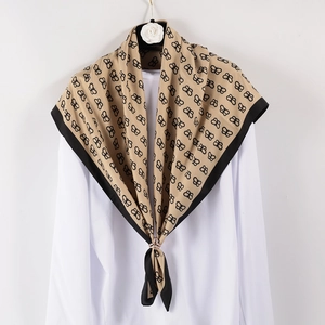 Elegant 90cm square silk scarf with black butterfly print and metallic buckle detail
