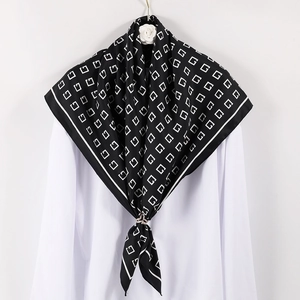 Classic black and white silk square scarf with geometric G print and metal buckle
