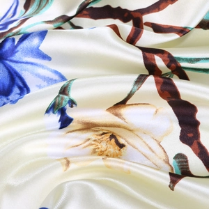 Elegant black floral satin silk headscarf 90x90cm with vintage blue flowers and glossy finish
