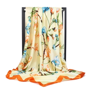 Elegant floral satin silk scarf for women featuring blue and orange flower patterns