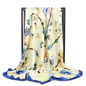 Elegant floral print satin square scarf in beige and navy blue for women 90x90cm
