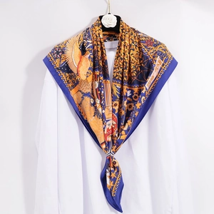Luxurious 90cm silk-feel square scarf with artistic tree and floral print on white shirt
