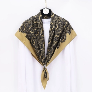 Vintage paisley print large square satin silk scarf in bronze yellow with floral patterns