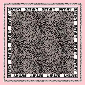 Square silk scarf with leopard print and pink border featuring SATINY lettering