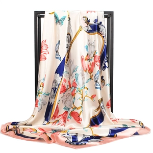Square Satin Scarf Women Satin Faux Satin Floral Printed Fashion Head Scarf Elegant Vintage Neck Wrap Hijab Hair Band Accessory
