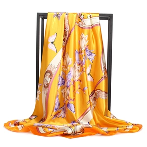 Elegant 90x90cm yellow satin silk scarf with butterfly floral print on black frame