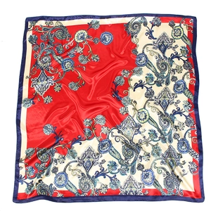Classic paisley print square satin silk scarf in red and ivory with navy blue borders