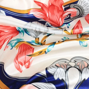 Silk-satin square scarf with red lily floral print and vintage scrolls on cream fabric