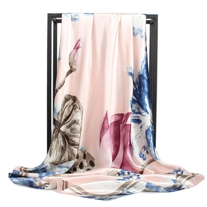 Elegant Chinese Style Satin Scarf Square Bandana Women Silk Feel Lotus Ink Print Decorative Lightweight Head Wrap Shawl