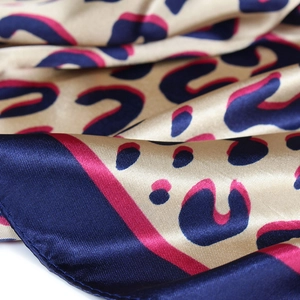 Leopard print satin silk scarf in navy blue and pink 90cm large square headscarf