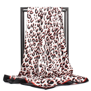 90cm leopard print satin silk square scarf with black and red spots on white background