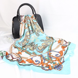 90x90cm satin square scarf with vintage paisley and bridle pattern in sky blue and white