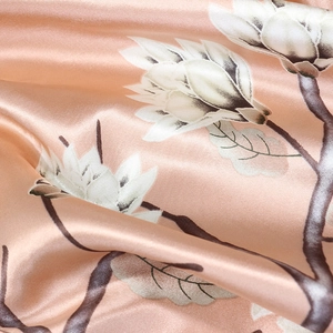 90cm satin square scarf with elegant champagne pink magnolia floral silk-like print