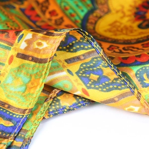 Vintage golden cashew print satin square scarf with colorful paisley bohemian patterns