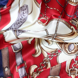 Classic chain print satin silk square scarf 90x90cm in red and ivory with gold buckle detail