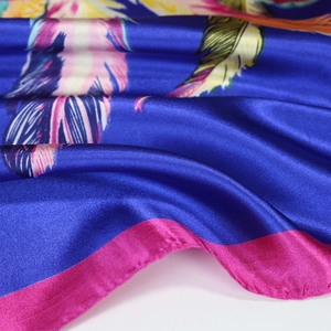 Blue silk scarf with pink feather print and satin edge 90x90cm luxury accessory