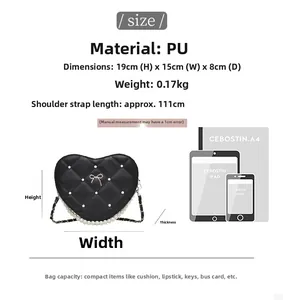 Size chart for heart-shaped PU handbag with pearls showing dimensions and capacity details