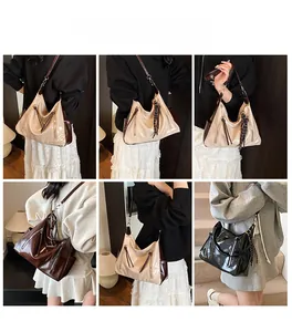 Collage of glossy patent leather hobo bags in black, beige, and brown with woven tassels