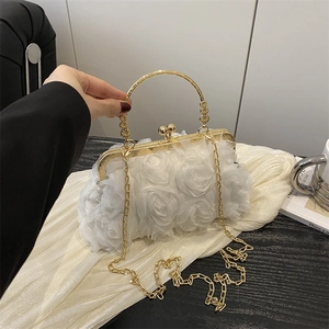 Champagne chiffon floral evening clutch bag with gold ring handle and metal chain