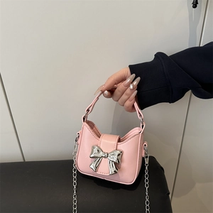 Mini Handbag Shoulder Bag PU Leather Silver Metal Bow Candy Color Fashion Square For Girls Women