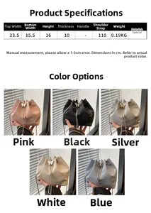 Infographic showing bucket bag dimensions and multiple color options with metal butterfly detail