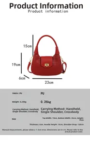 Detailed size chart for red woven PU handbag with strap and handle measurements