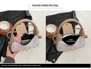 Detail view of woven shoulder bag interior layout showing daily essentials and golden lock