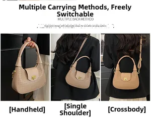 Beige crescent bag shown in three styles: handbag, shoulder bag, and crossbody bag