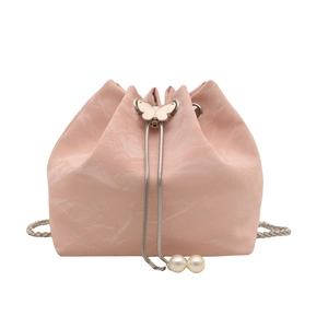 Pink marble texture bucket bag with butterfly metal clasp and silver chain strap