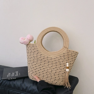 Borsa Tote in Paglia Intrecciata e Corda di Cotone Minimalista Con Nappa Manico Rotondo Boho per Vacanze Mare e Spalla Donna
