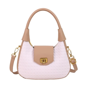 Chic woven lavender crescent bag with khaki leather details and gold clasp buckle