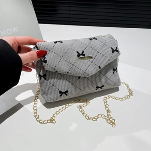 Corduroy Crossbody Bag Strawberry Heart Bowknot Patterns Metal Chain Strap Sweet Fresh Small Shoulder Purse Women