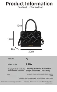 Detailed size specifications for quilted PU handbag with dimensions and weight info