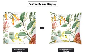 Detaillierter Vergleich von Aquarell-Blumendesign und fertigem quadratischem Kissenbezug