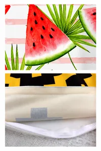 Detailaufnahme des digitalen tropischen Wassermelonendrucks auf weichem Kissenbezug