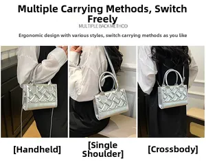 Versatile PU leather bag with wide quilted stitching and silver metallic finish