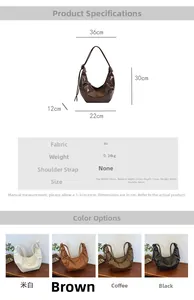Detailed size specifications and material specs for the large PU leather crescent bag
