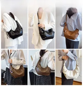 Collage of model wearing vintage hobo bags in black, brown, and beige with knot detail