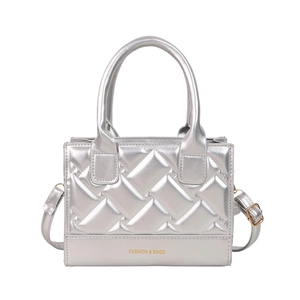 Silver quilted PU leather handbag with metallic finish and detachable strap