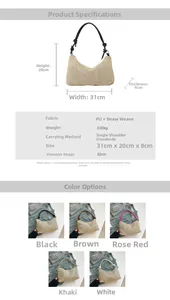 Detailed view of woven straw hobo bag showing 31cm width and 20cm height specifications