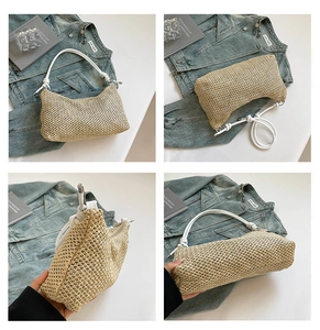 Macro shot of hand-woven beige straw tote showing textured crochet pattern and leather strap