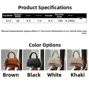 Size chart and dimensions for the mini PU leather crossbody bag with four color options