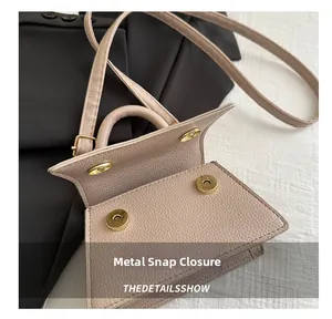 Detail of dual gold magnetic buckles and lychee texture on a beige crossbody square bag