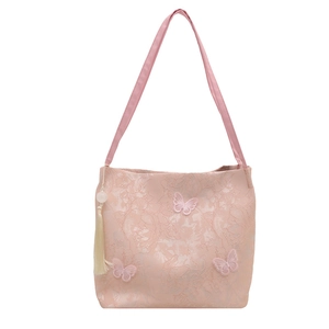 Chic pink lace bucket bag featuring delicate butterfly embroidery and pearl tassel detail