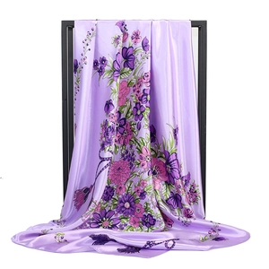 Elegant purple floral 90cm silk scarf with vintage print displayed on a black hanger