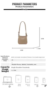 Detailed size chart of beige PU leather shoulder bag with dimensions and daily items capacity