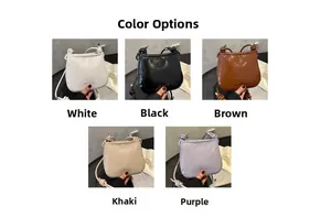 Detail view of mini PU leather bucket bags in white black brown khaki and purple